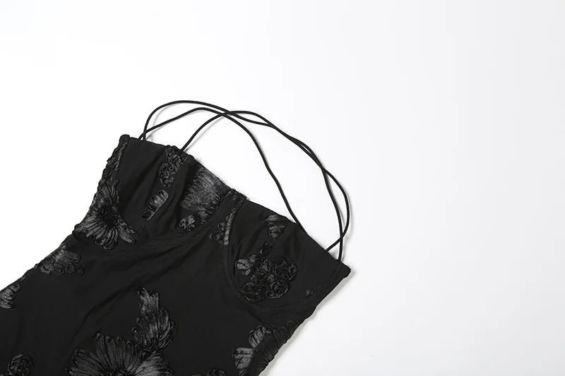 Open Back Lace Up Embroidred Flower Maxi Dress