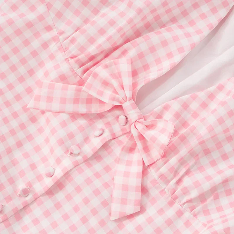 Plaid Print Puff Sleeve V-Neck Bow Flare Mini Dress