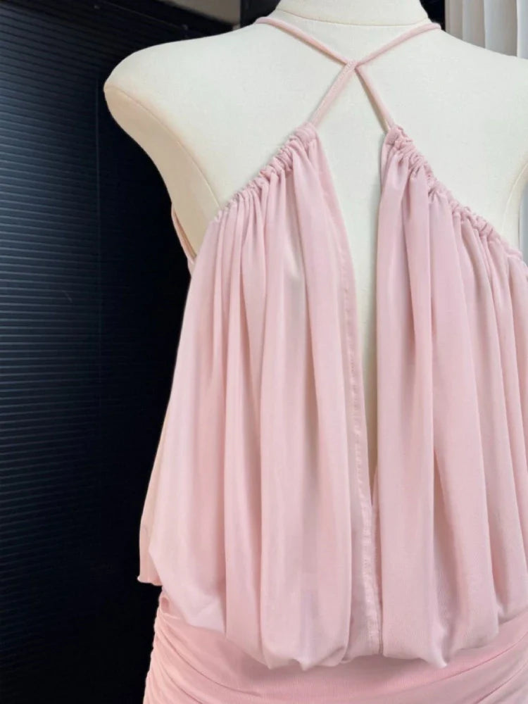 Halter Mesh Ruched Mini Dress