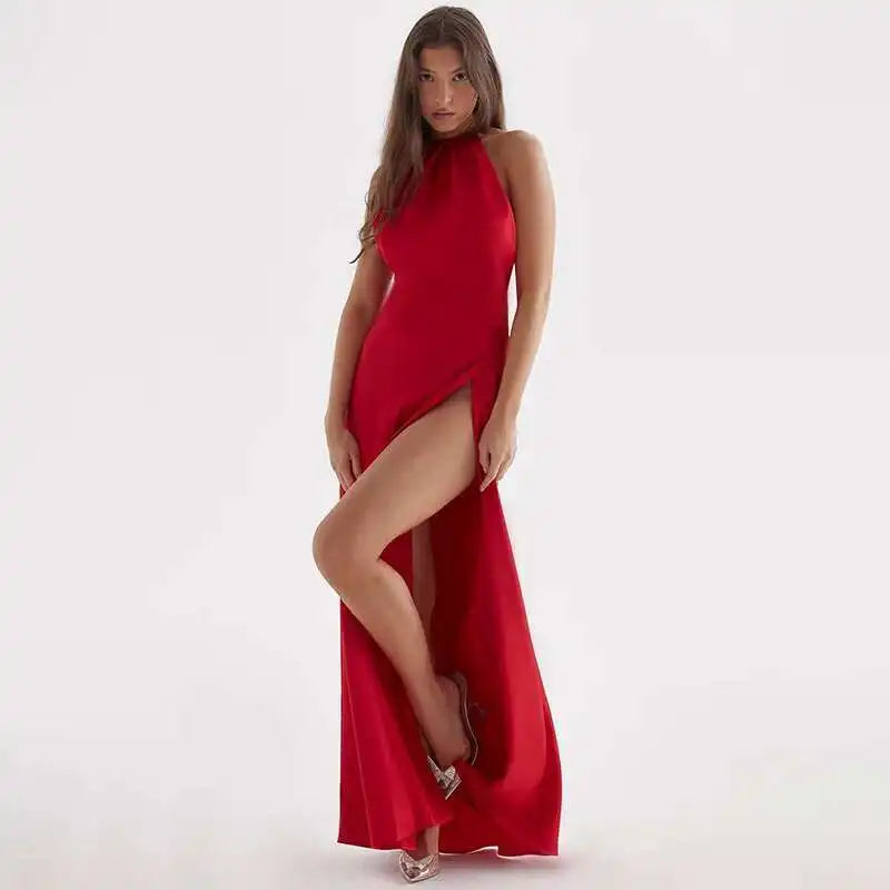 Satin High Split Open Back Maxi Dress