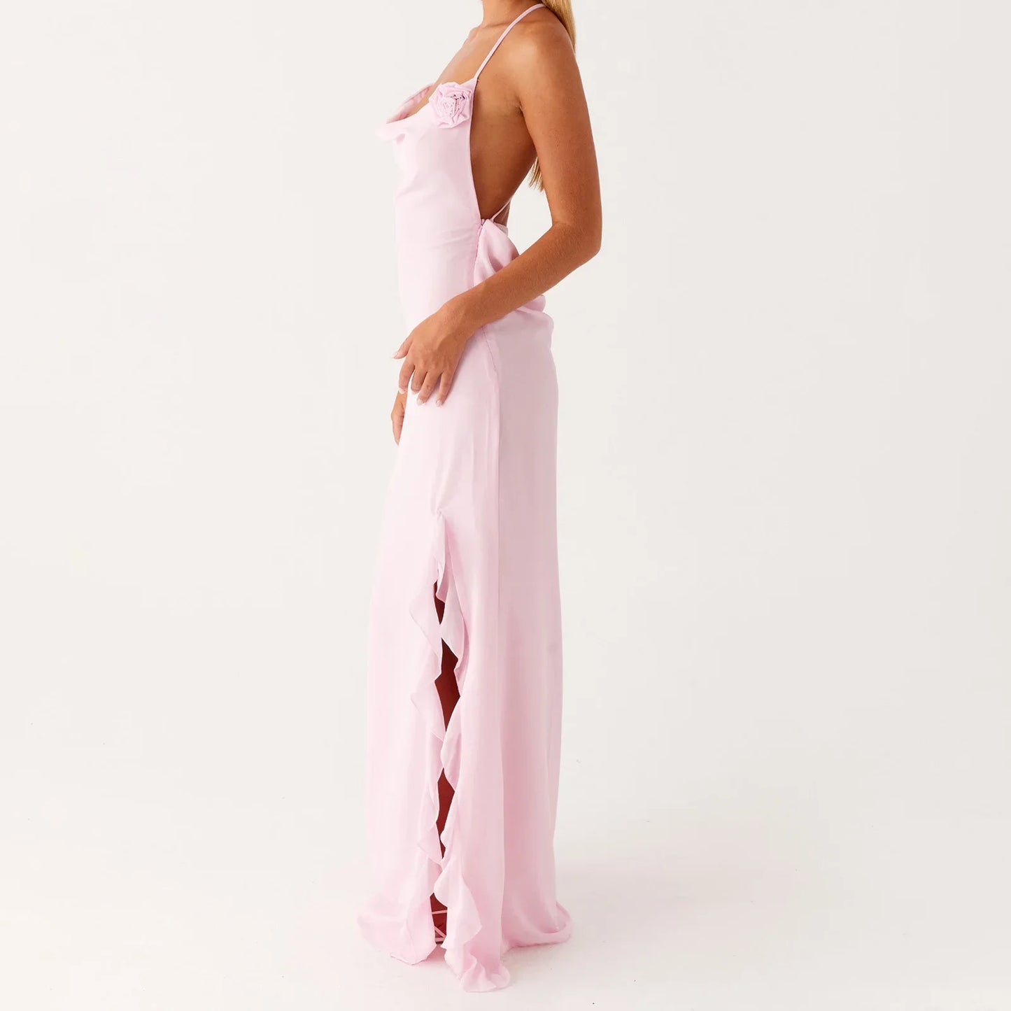 Pink Cowl 3D Flower Maxi Dress