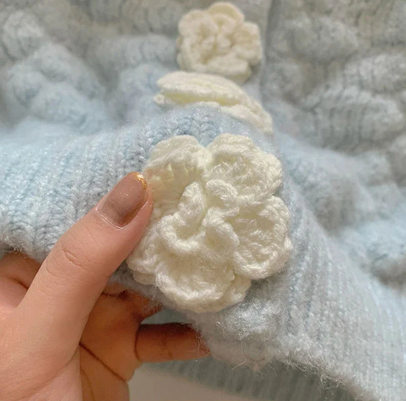 Blue Knitted Rose Buttoned Cardigan