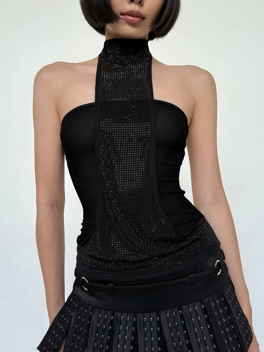 Black and Beige High Neck Sleeveless Sequin Tank Top - Backless Style