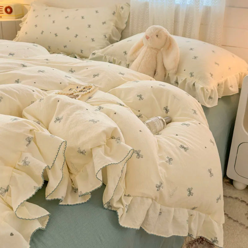 INS Princess Style Bedding Sets Ruffle Lace Bow Quilt Cover Romantic Bedclothes Decor Woman Girls Bedroom Duvet Cover 4pcs
