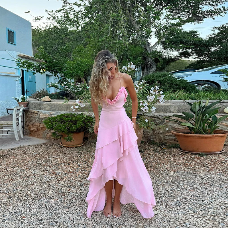 Pink 3d Floral Ruffles Maxi Dress
