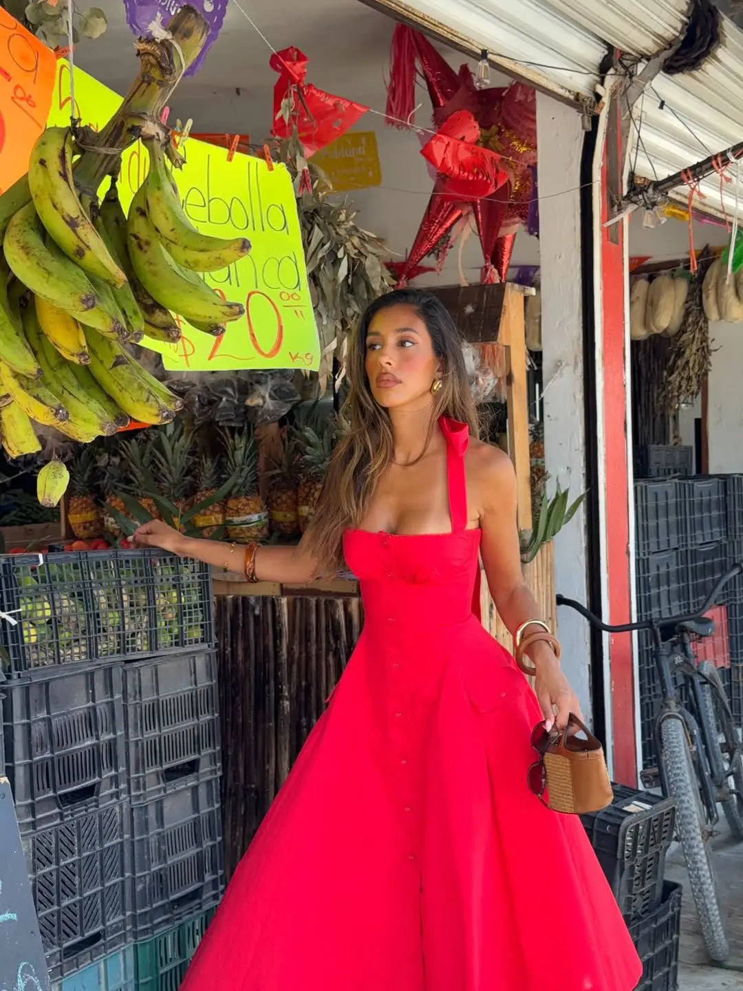 Halter A-line Midi Buttoned Dress