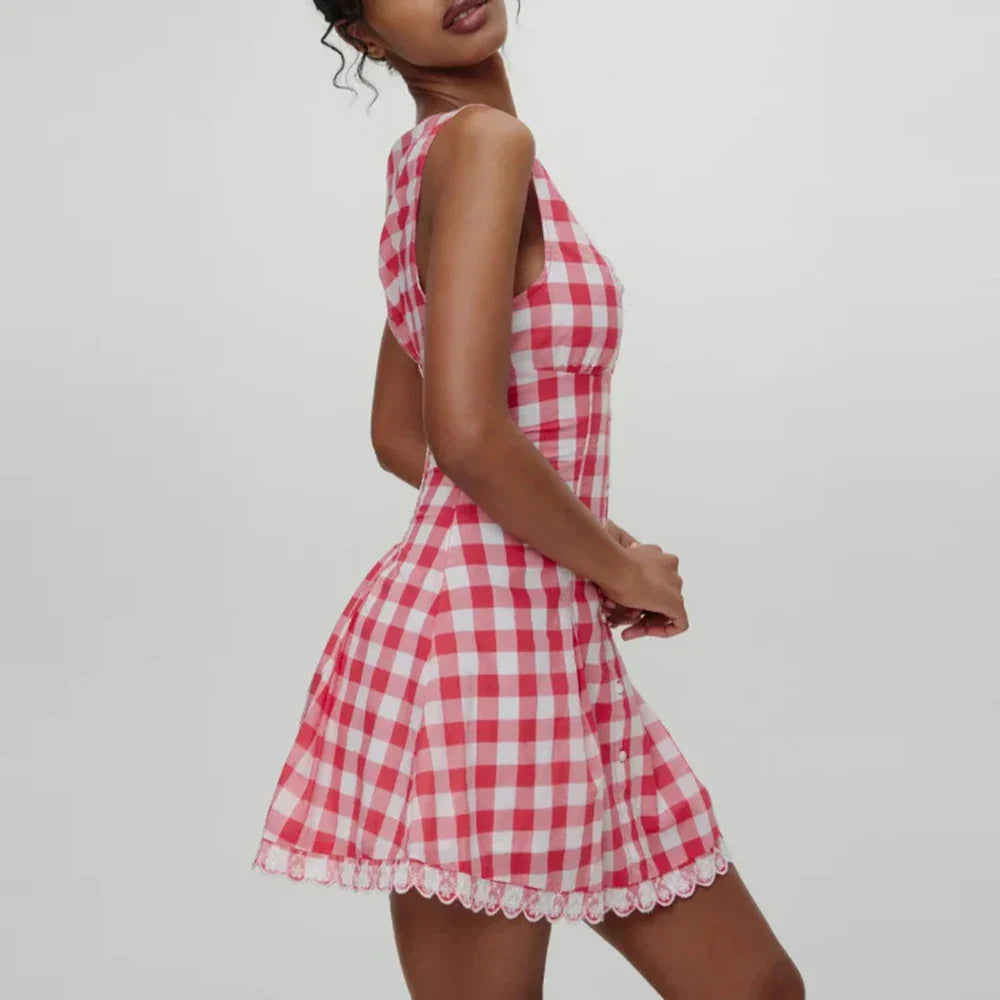 Red Checked V-neck Tank Mini Dress