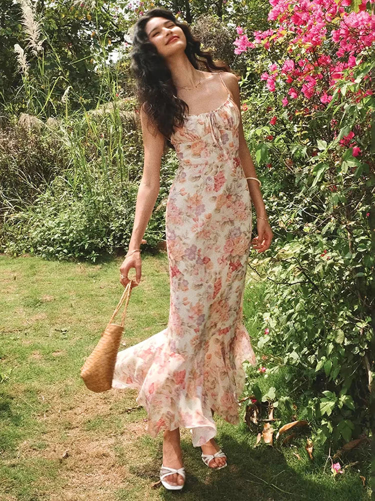 Floral Printed Cami Tie Up Maxi Summer Dress