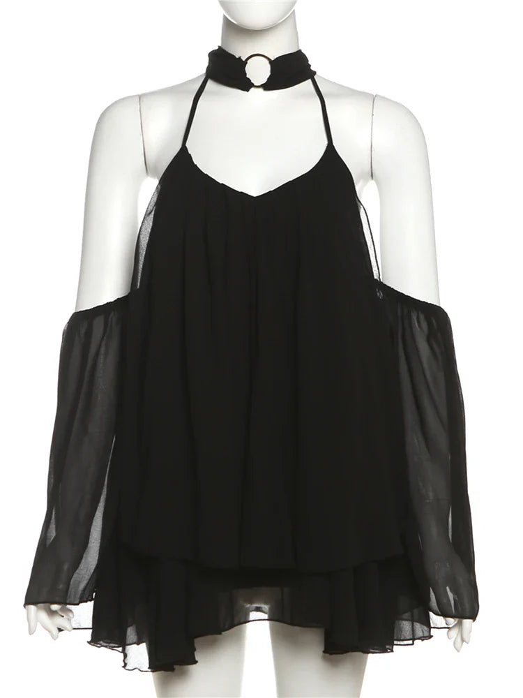 Frill Off-shoulder Long Sleeve Chocker Mini Dress