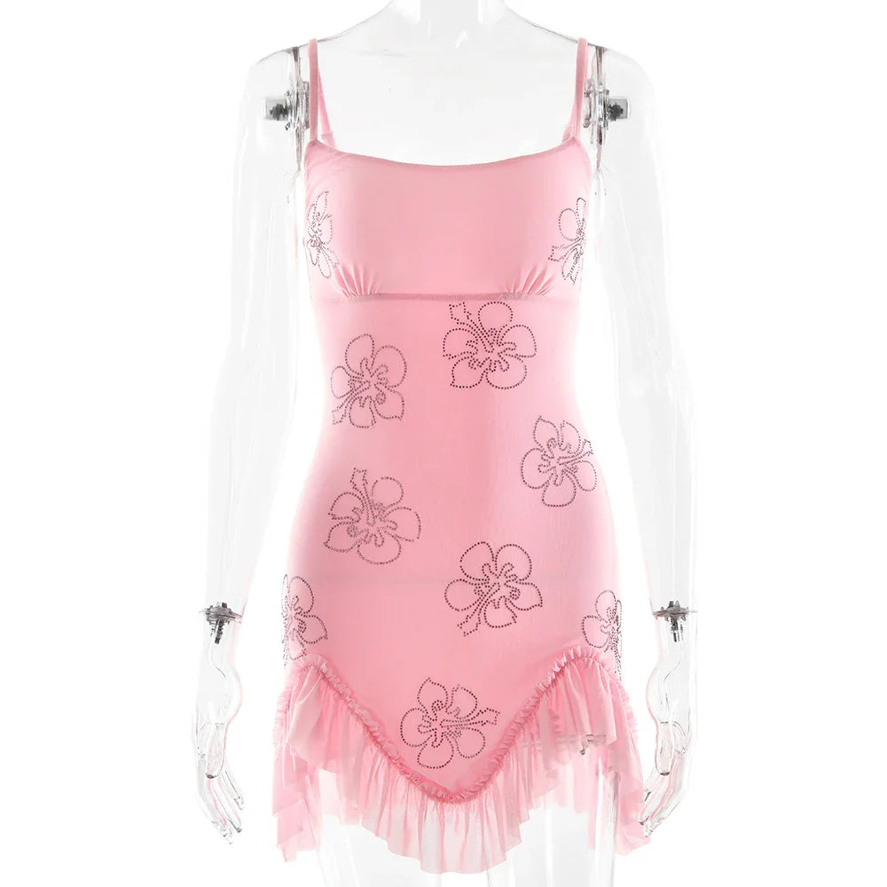 Pink Frill Flowers Slip Mini Dress