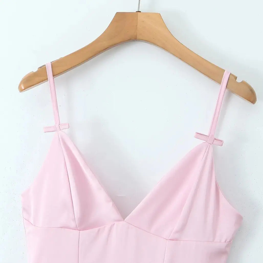 Pink Satin V-neck Bow Strap Flare Midi Dress