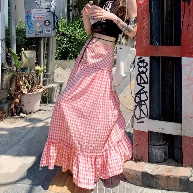 Pink Checkered Long Skirt - Casual A-Line