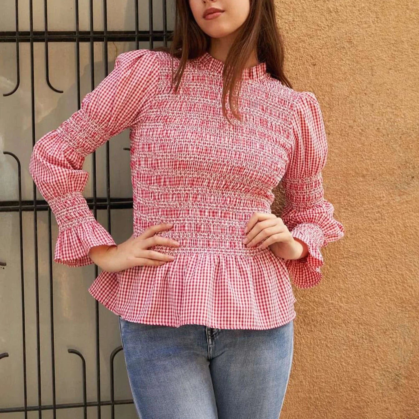 Pink Plaid Long Lantern Sleeve Smocked Top
