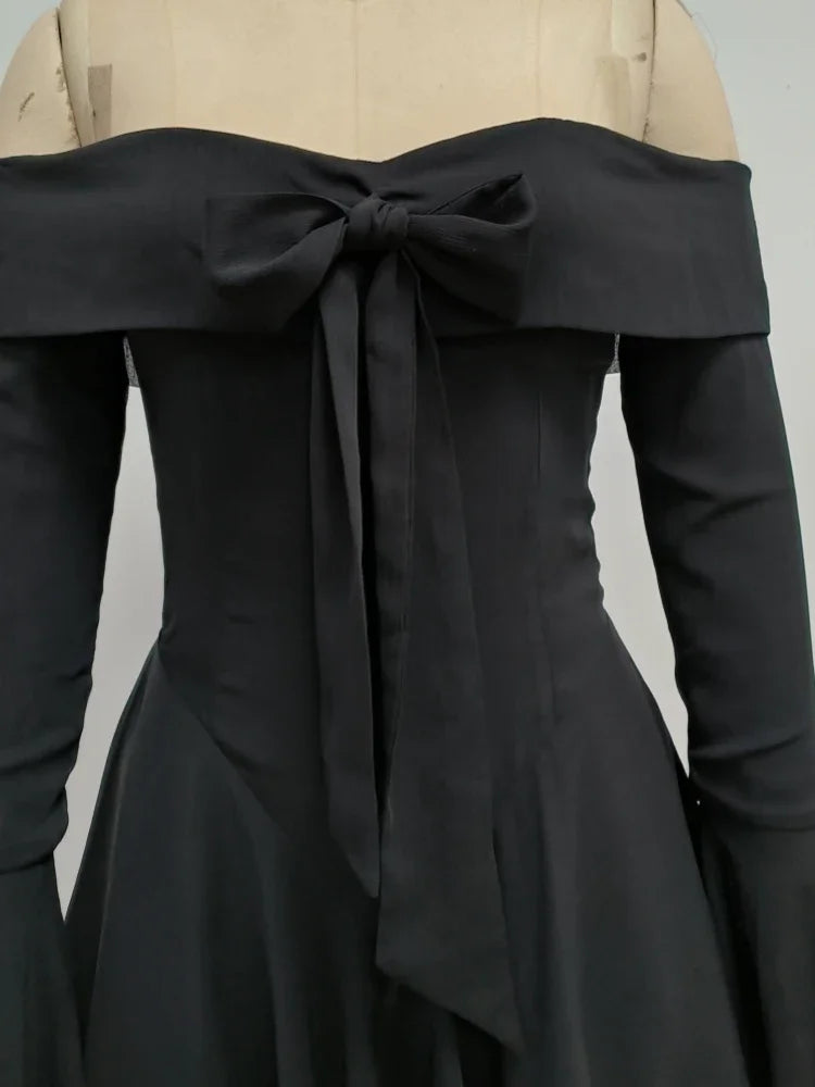 Off-shoulder Long Flare Sleeve Bow Mini Dress