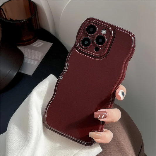 Cute Wave Edge Wine Red Color Phone Case For iPhone 16 15 14 13 12 11 Pro Max Soft Silicone Shockproof Back Cover Christmas Gift