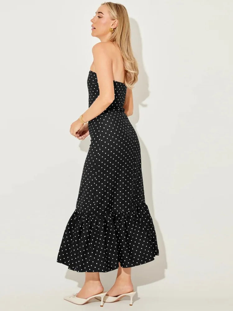 Polka Dot Strapless Tiered Hem Midi Dress
