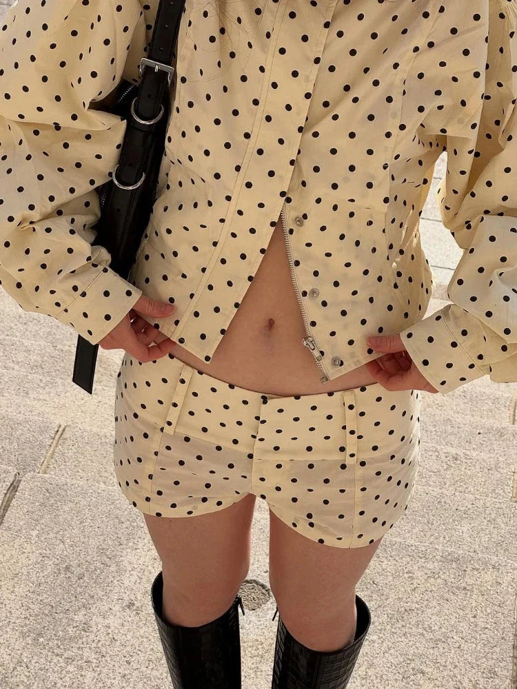White Polka Dot Zipper Jacket And Shorts Set