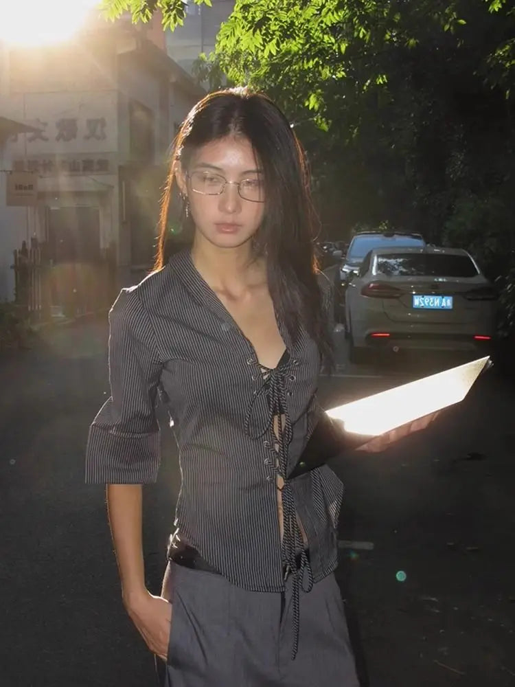 Striped Half Sleeve Lace Up Shirt