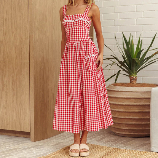 Gingham Strap Pocket Midi Dress