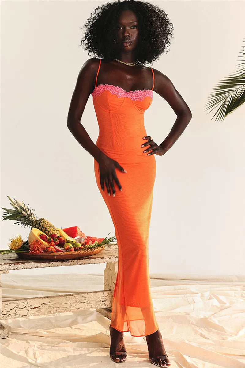 Lace Spaghetti Strap Mesh Midi Dress