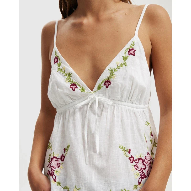 White Embroidery Flower Drawstring Top