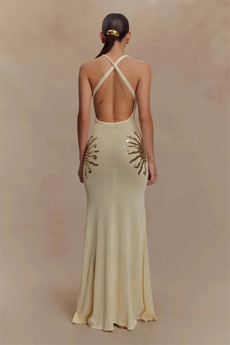 Sequins Embroidered Knit Maxi Dress
