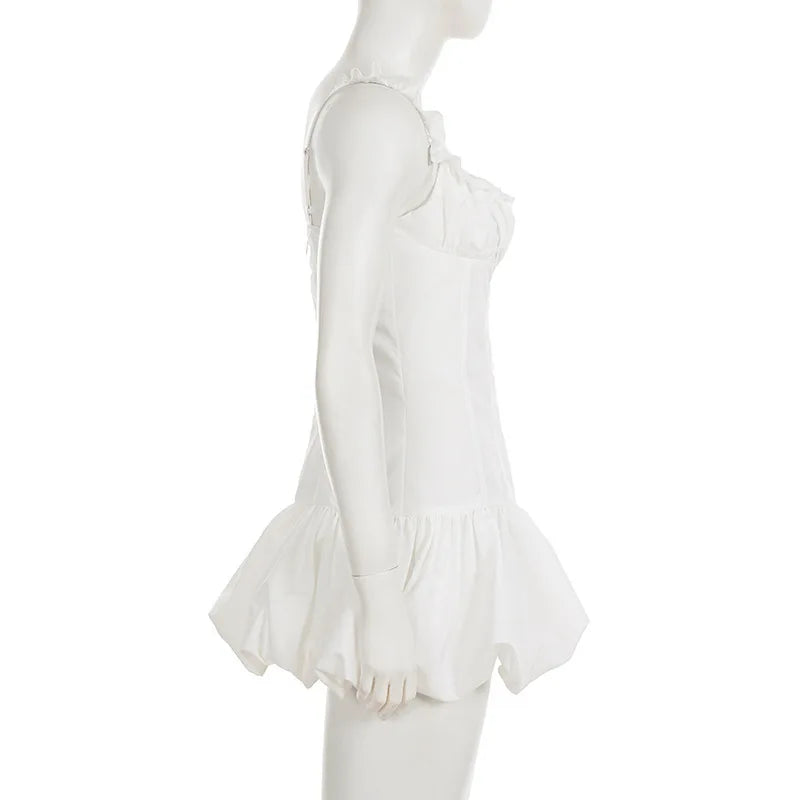 White Puff Ruffle Strap Mini Dress