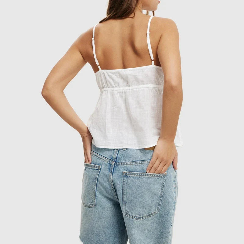 White Embroidery Flower Drawstring Top