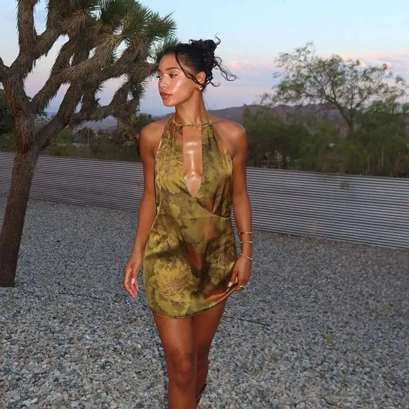 Green Printed Open Back Halter Mini Dress
