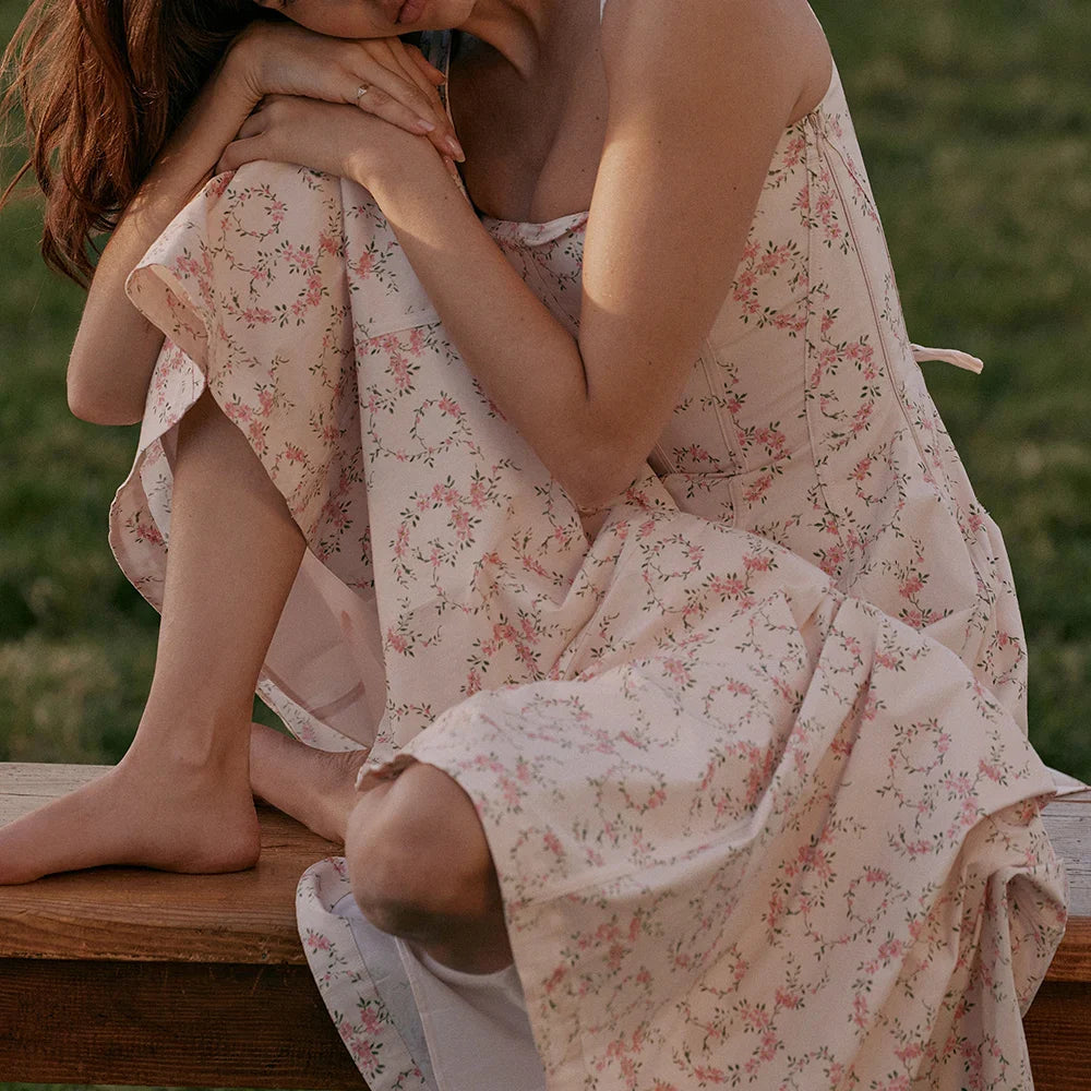 Pink Floral Print Lace Up Square Neck Midi Dress