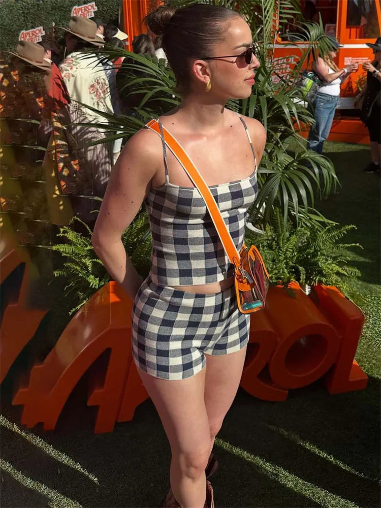 Black Checkered Cami Top And Shorts Set