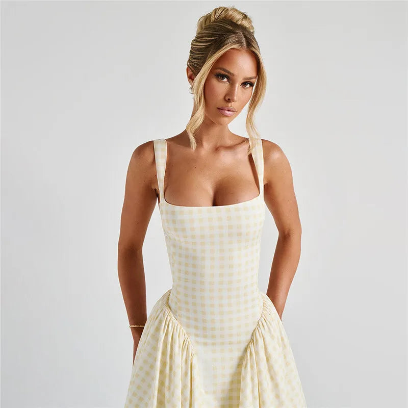 Plaid Printed Corset A-line Maxi Dress