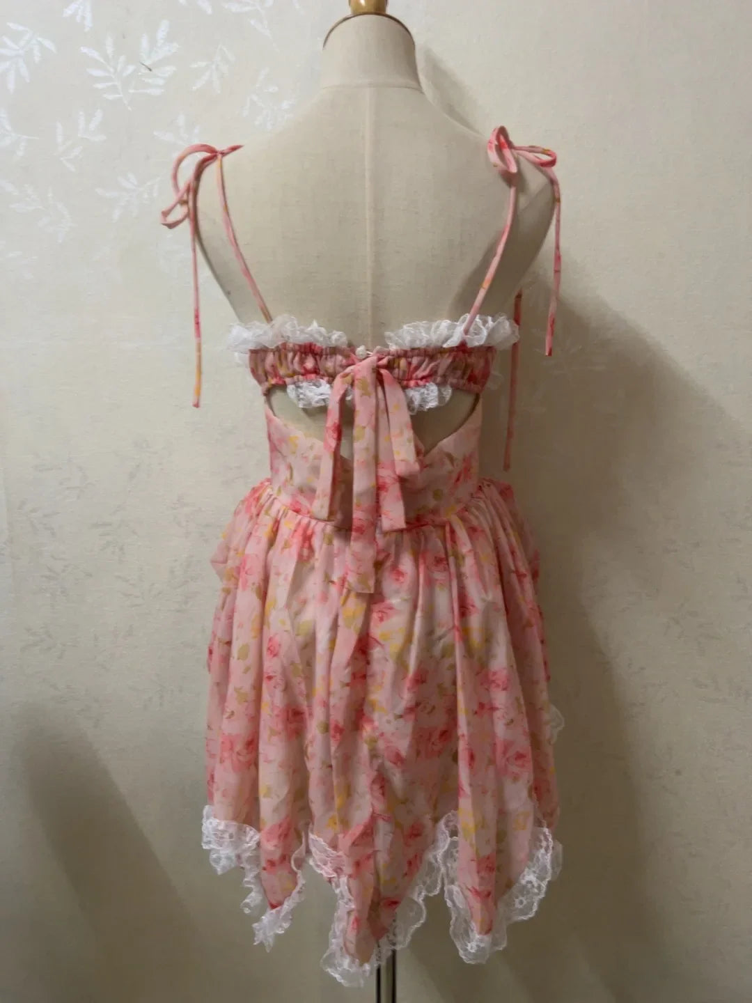 Pink Floral Sling Ruffles Irregular Hem Mini Dress