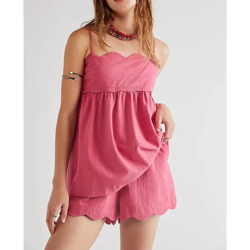 Scalloped Hem Babydoll Cami Tops And Wide Leg Shorts Set