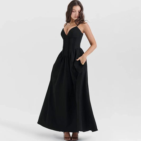 Black Buttoned  V-Neck Spaghetti Strap Maxi Dress