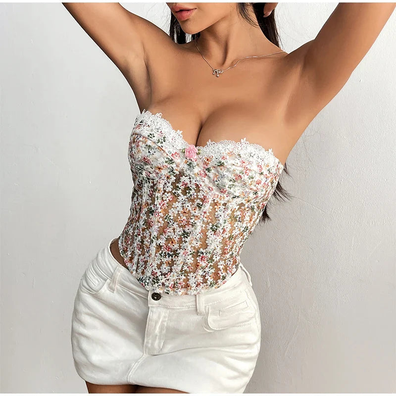 Flower Embroidery See Through Corset Top