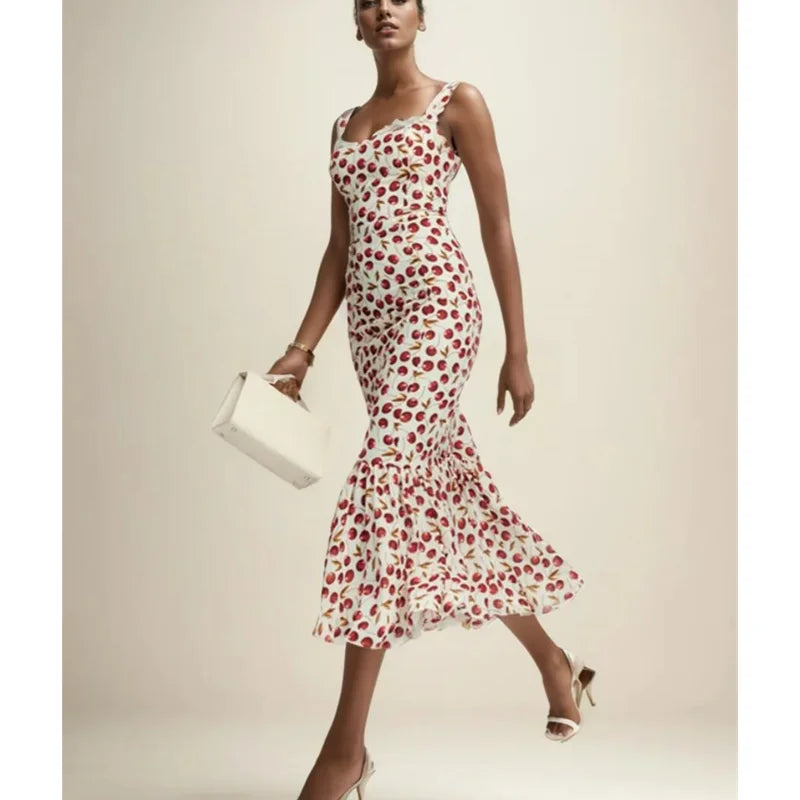 Cherry Print Strap Midi Dress