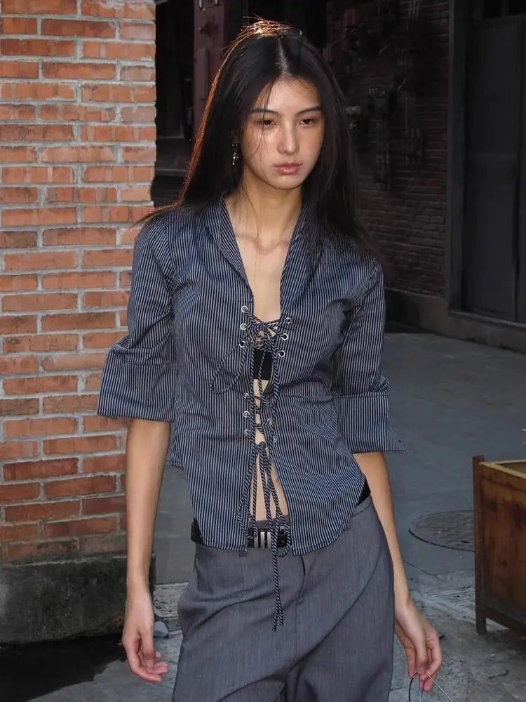 Striped Half Sleeve Lace Up Shirt