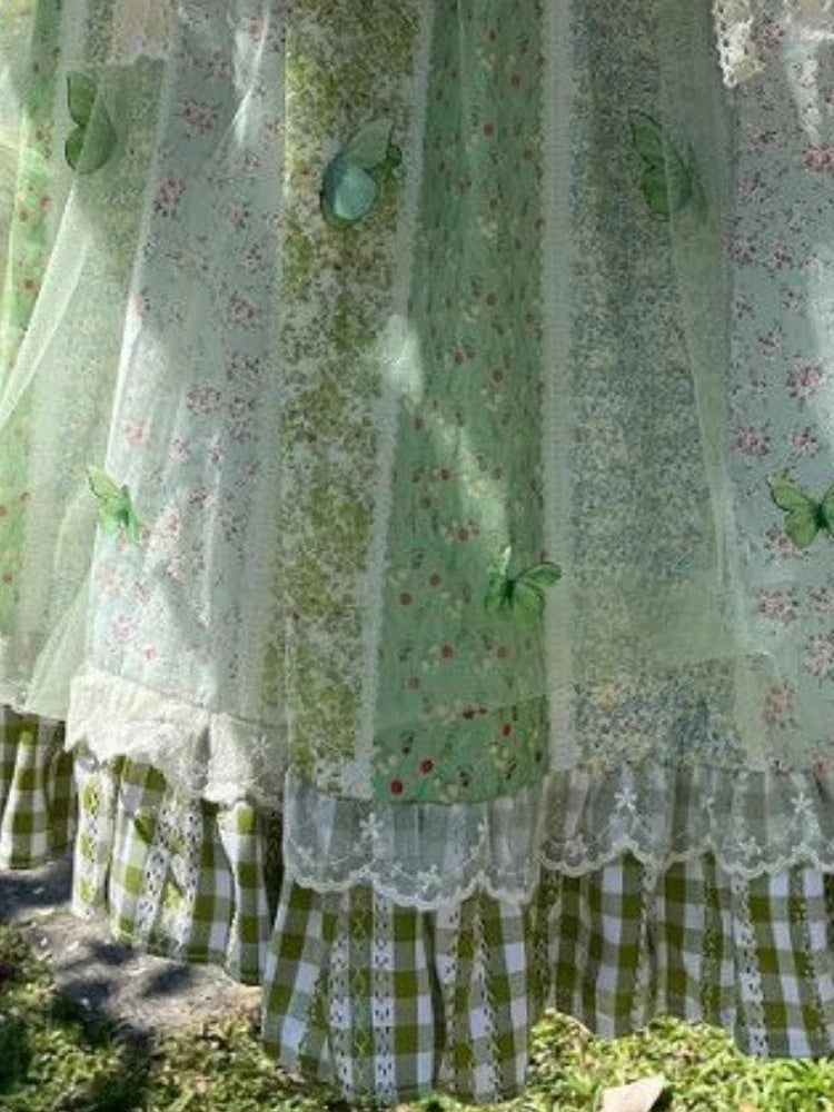Green Floral Ruffle Long Skirt - Office Lady A-Line