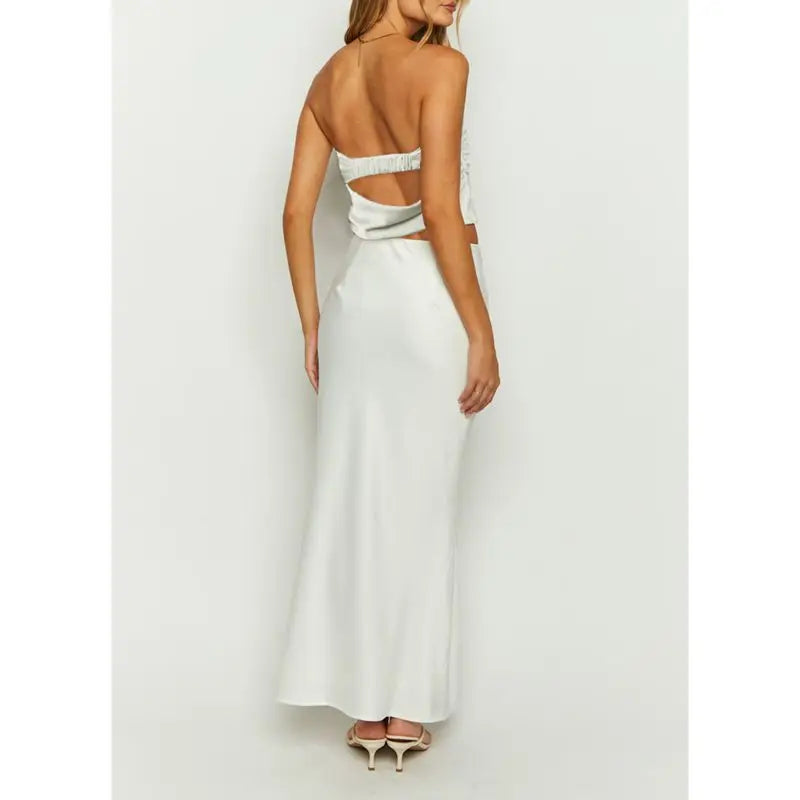 Satin Crop Tube Top And Long Skirt Set