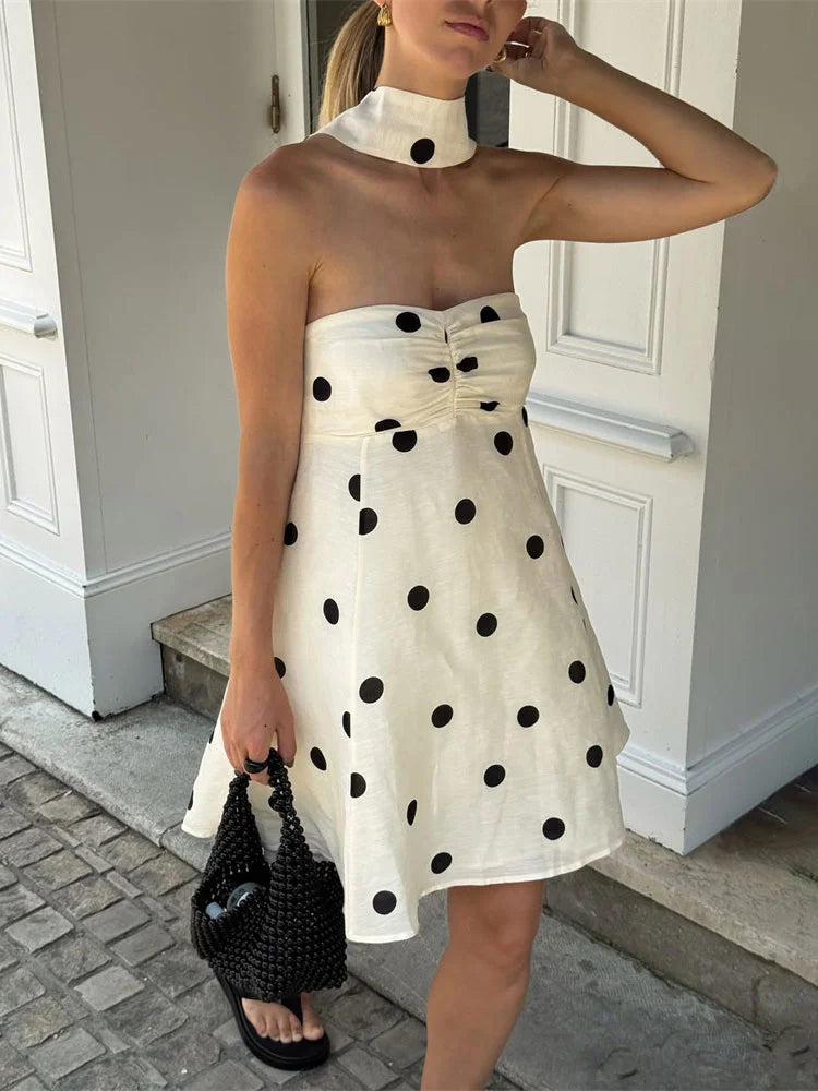 Tube White Polka Dot Strap Drape Mini Dress