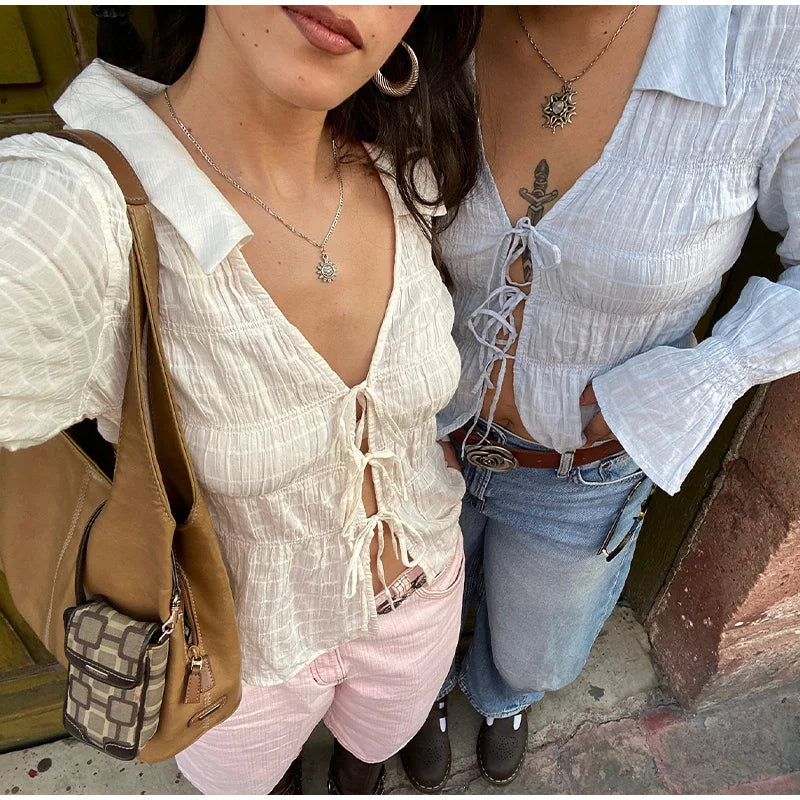 White Ruched Tie Up Long Sleeve Top