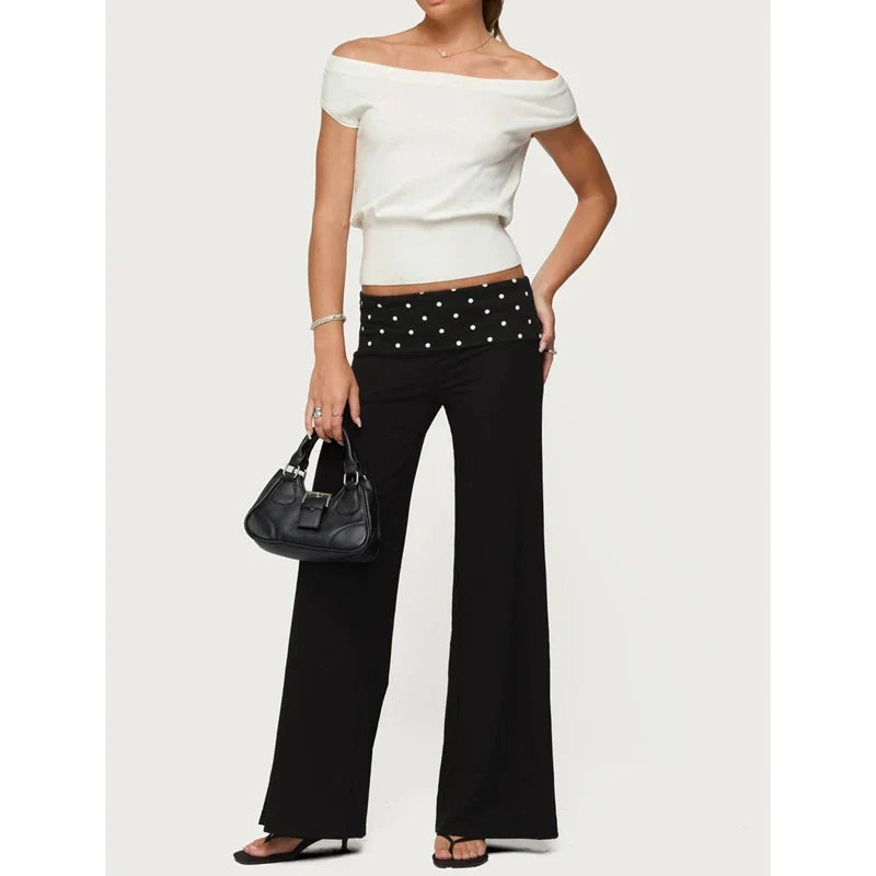 Folded Over Elastic Low Waist Contrast Color Wide Leg Sweatpants