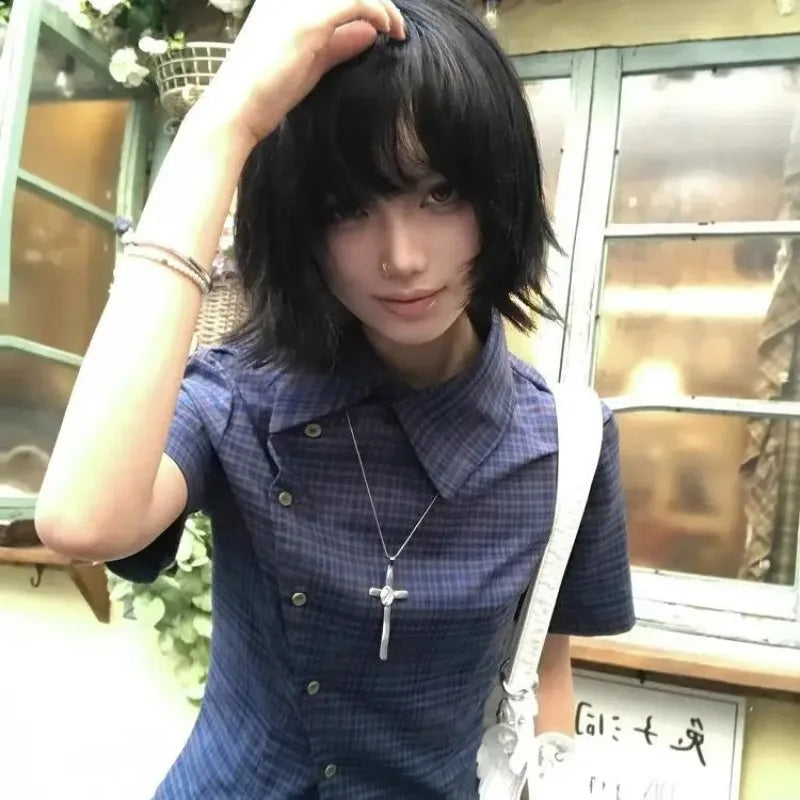 Plaid Irregular Buttoned T-shirt