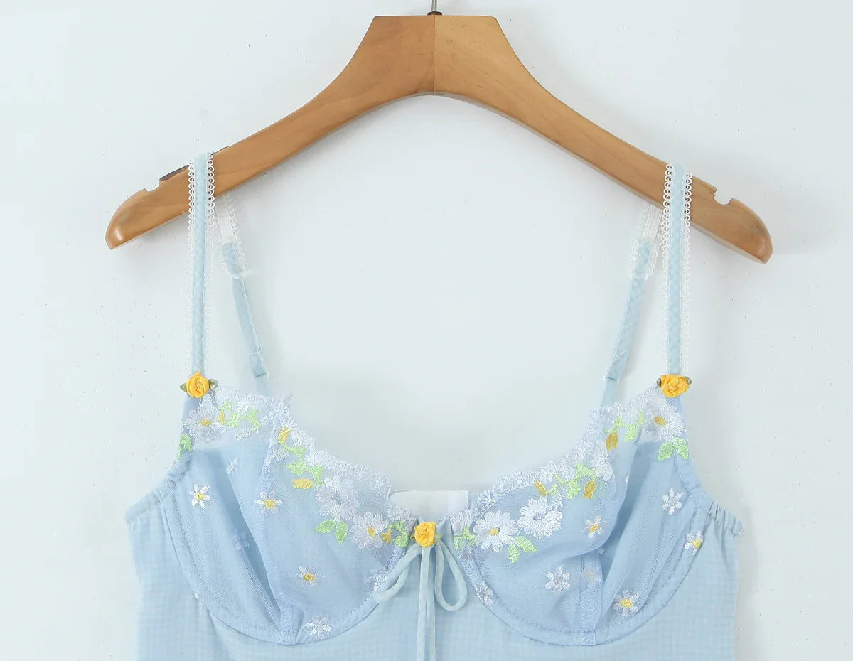 Blue Plaid Wire Bra Embroidery Mini Dress