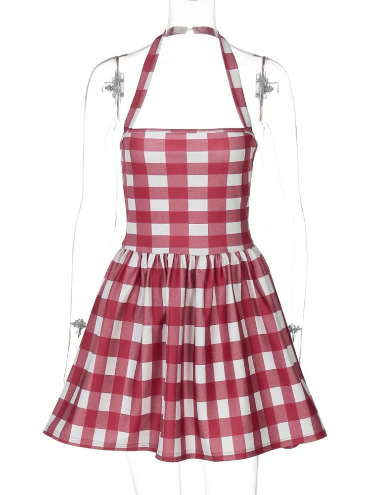 Red Halter Plaid Print Mini Dress