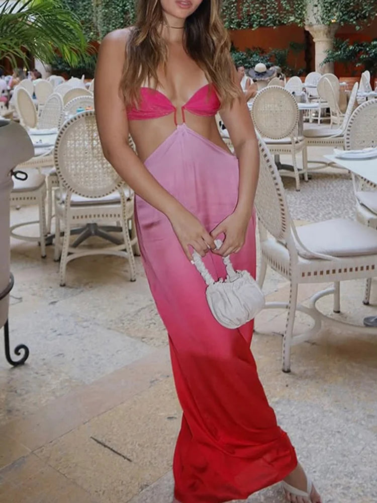 Red Ombré Low Cut Maxi Dress - A-Line Slim Fit