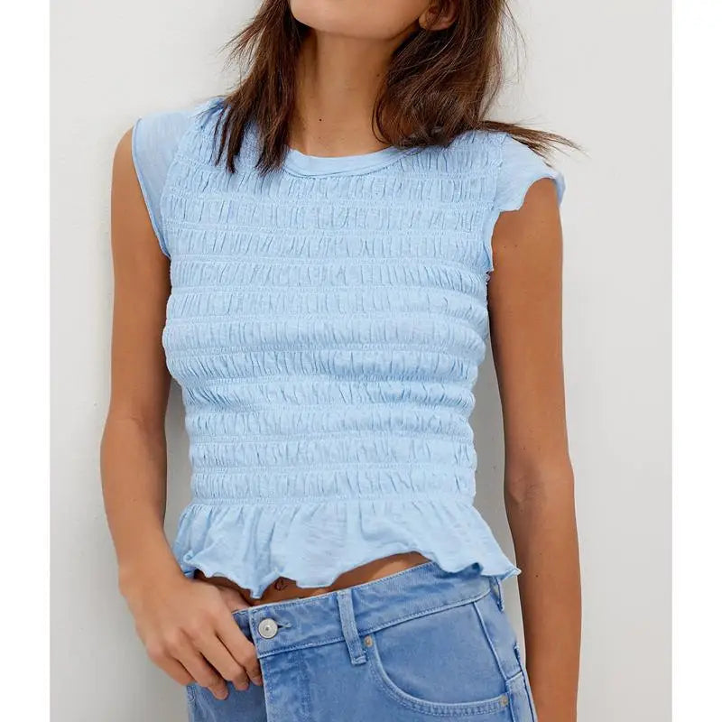 Smocked Ruffle Hem Short Sleeve Top