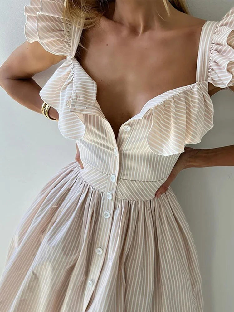 Ruffles Striped Square Collar Buttoned Long Dress