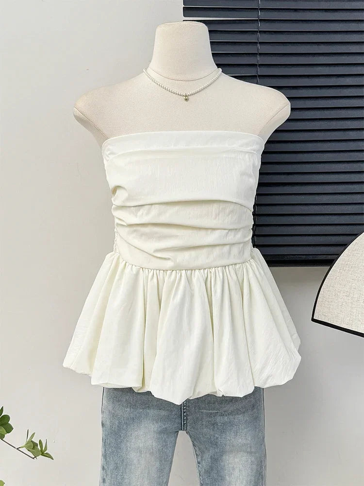 Elastic Pleated Puff Strapless Top - Medium Stretch